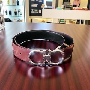 Salvatore Ferragamo Brown & Black Reversible Leather Belt Silver Gancini Buckle
